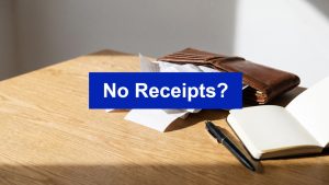 Crumpled receipts spilling from a wallet with a No Receipts banner, illustrating how much you can claim without receipts