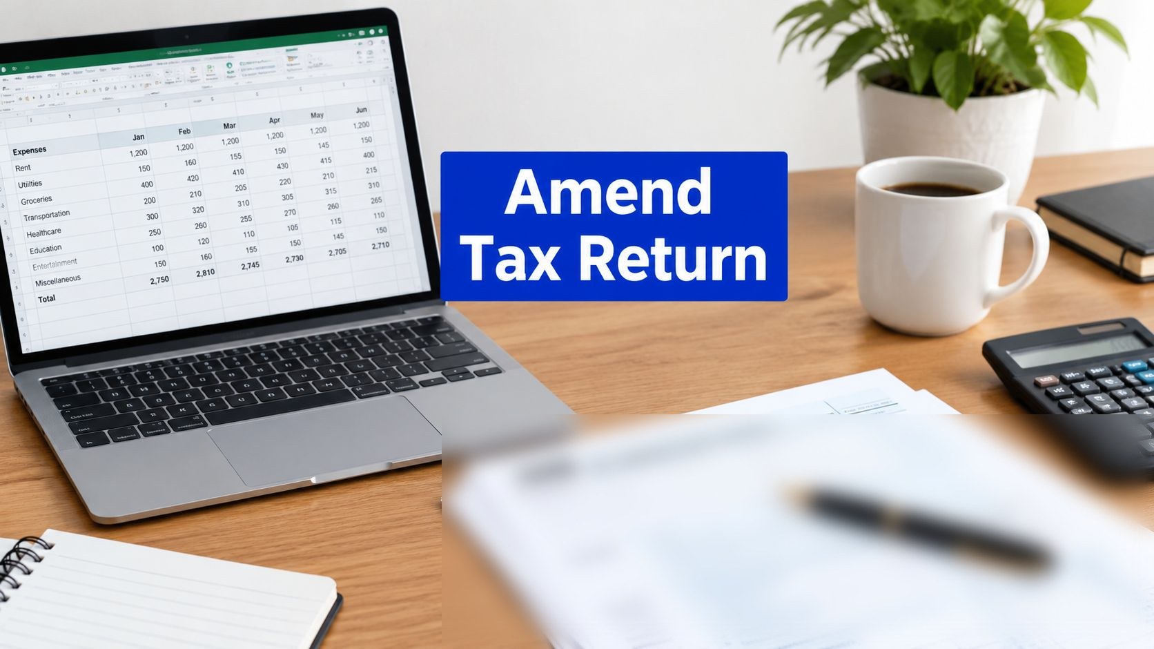 How to amend a tax return in Australia - laptop, calculator and tax papers on a desk