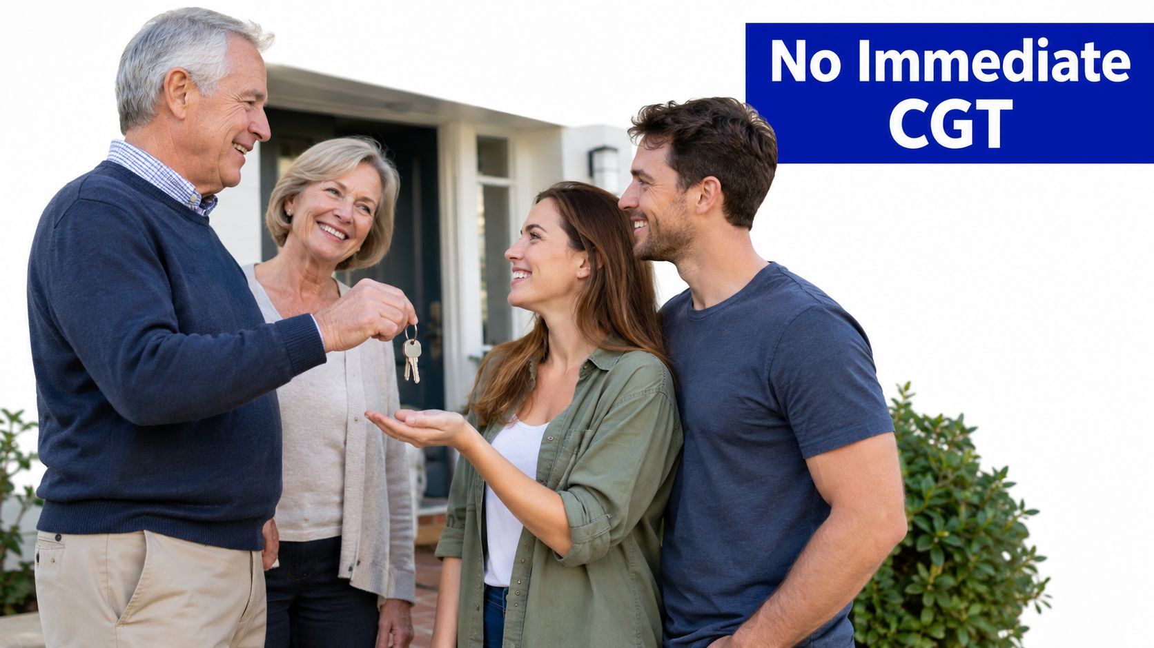 Parents handing house keys to their adult children, illustrating inherited property capital gains tax on a family home