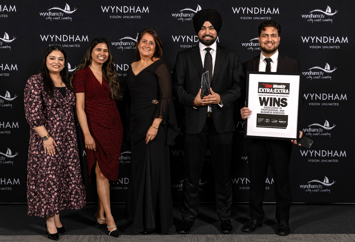 The Nanak Accountants team accepting the Excellence in Professional and Business Services award at the 2026 Wyndham Business Awards Gala