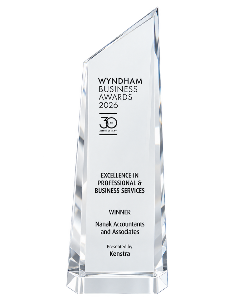 2026 Wyndham Business Awards trophy engraved Excellence in Professional and Business Services, Winner, Nanak Accountants and Associates