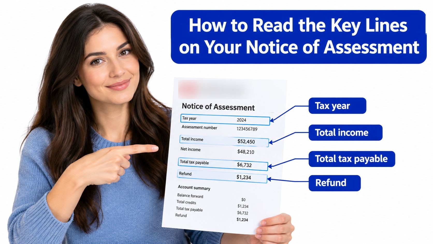 Notice of assessment explained - woman pointing to the key lines on a tax assessment document