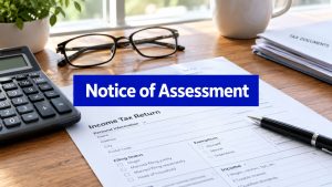 Notice of assessment and income tax return on a desk with a calculator and glasses