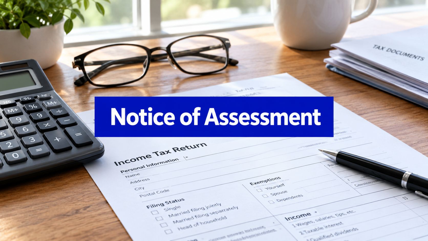 Notice of assessment and income tax return on a desk with a calculator and glasses