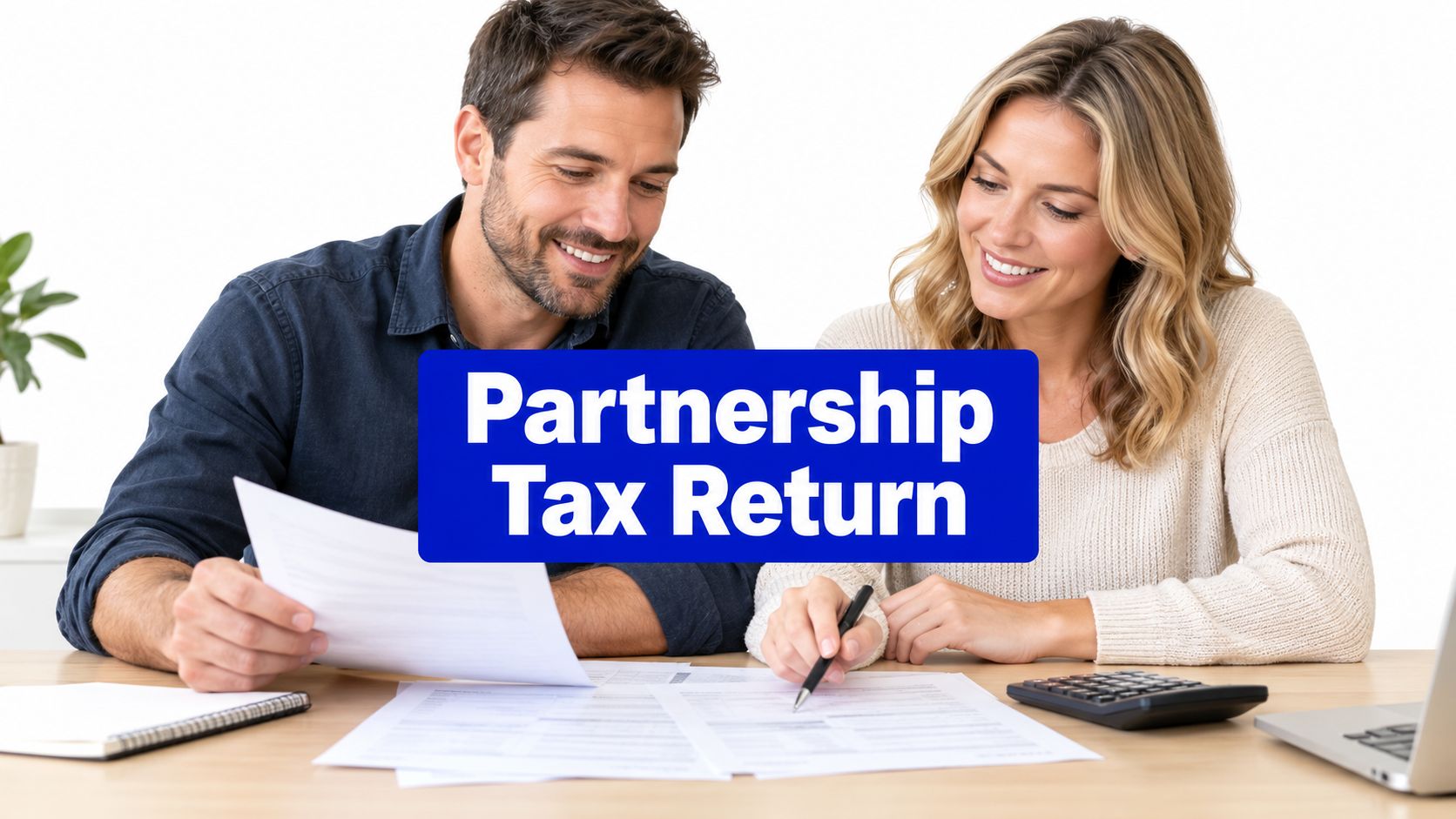 Partnership tax return - two business partners reviewing their tax paperwork together