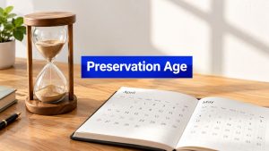 Hourglass and calendar illustrating preservation age for super