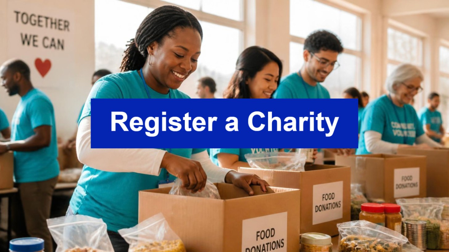 Register a charity - volunteers packing food donation boxes