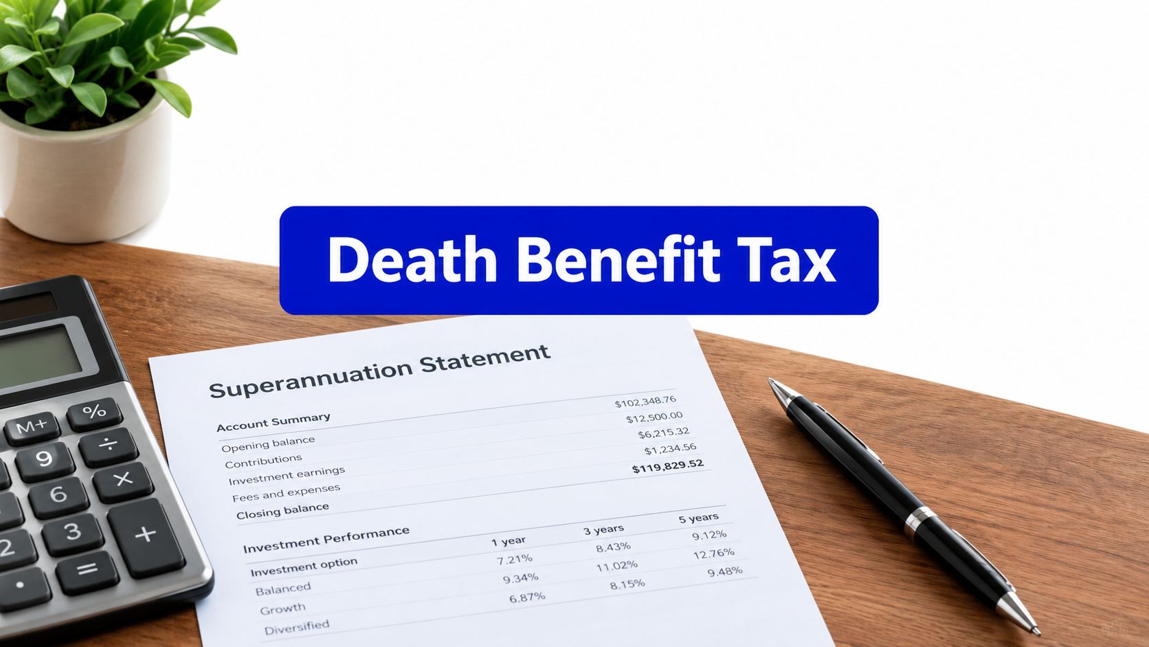 Superannuation death benefit tax guide with a super statement, calculator and pen