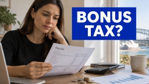 Employee checking her payslip to understand tax on bonus Australia rules for 2026-27