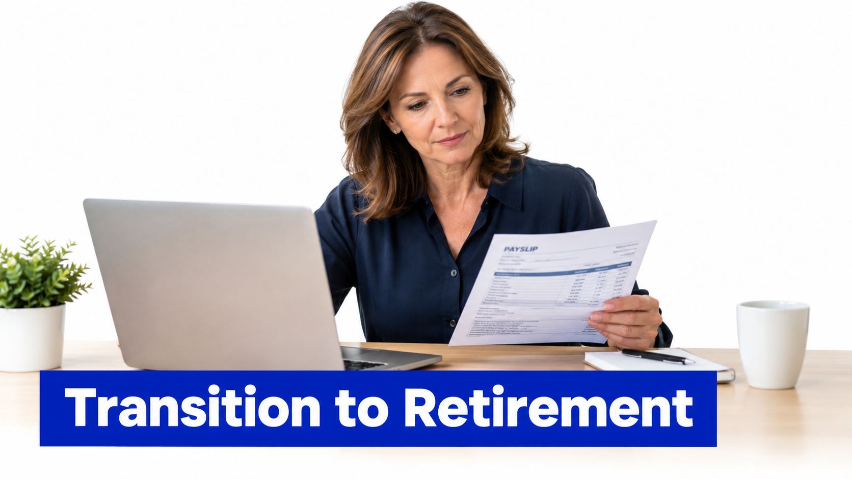 Woman aged over 60 reviewing her payslip while planning a transition to retirement income stream