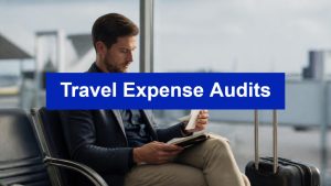 Business traveller checking receipts at an airport, illustrating travel expense audits