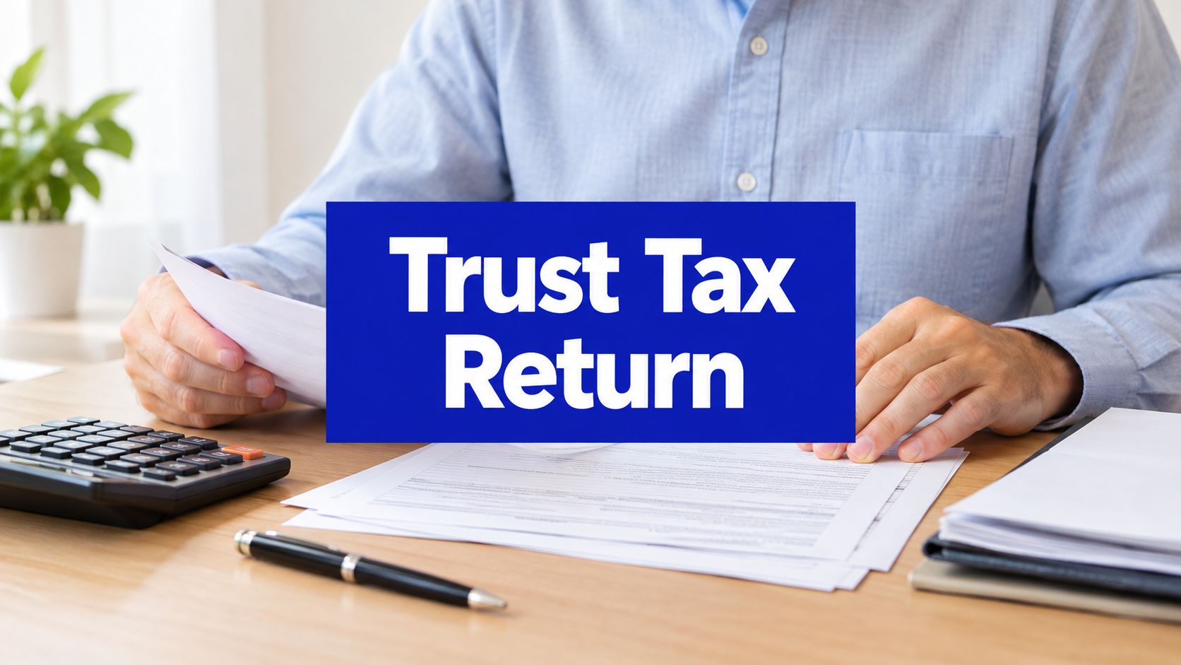 Trust tax return paperwork on an accountant's desk with a calculator and pen