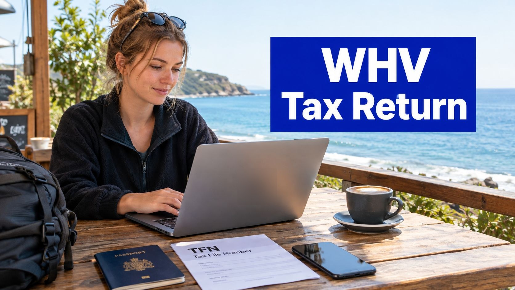 Working holiday maker at a seaside cafe preparing her WHV tax return on a laptop with her passport and TFN form
