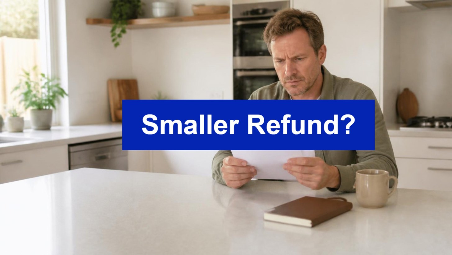 Man reading a letter at a kitchen bench with a Smaller Refund banner, illustrating why a tax refund is lower than expected